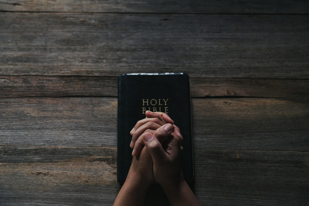 Hands Folded in Prayer on a Holy Bible