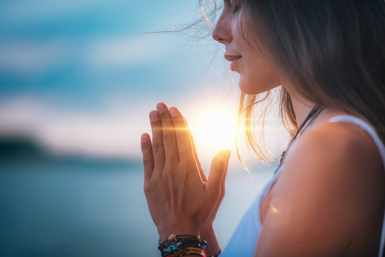 Meditating. Close Up Female Hands Prayer