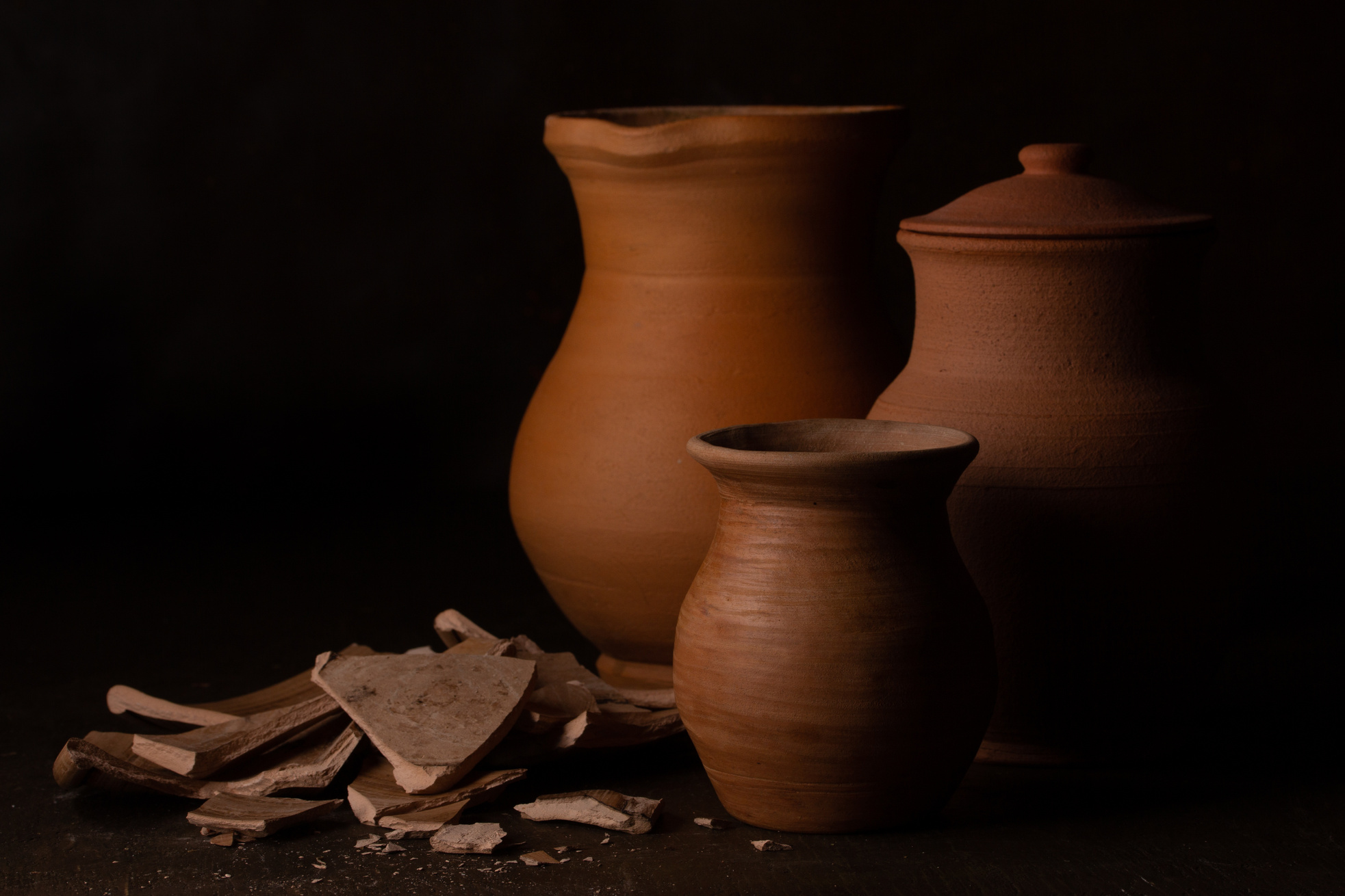 Clay Pots on Dark Background 